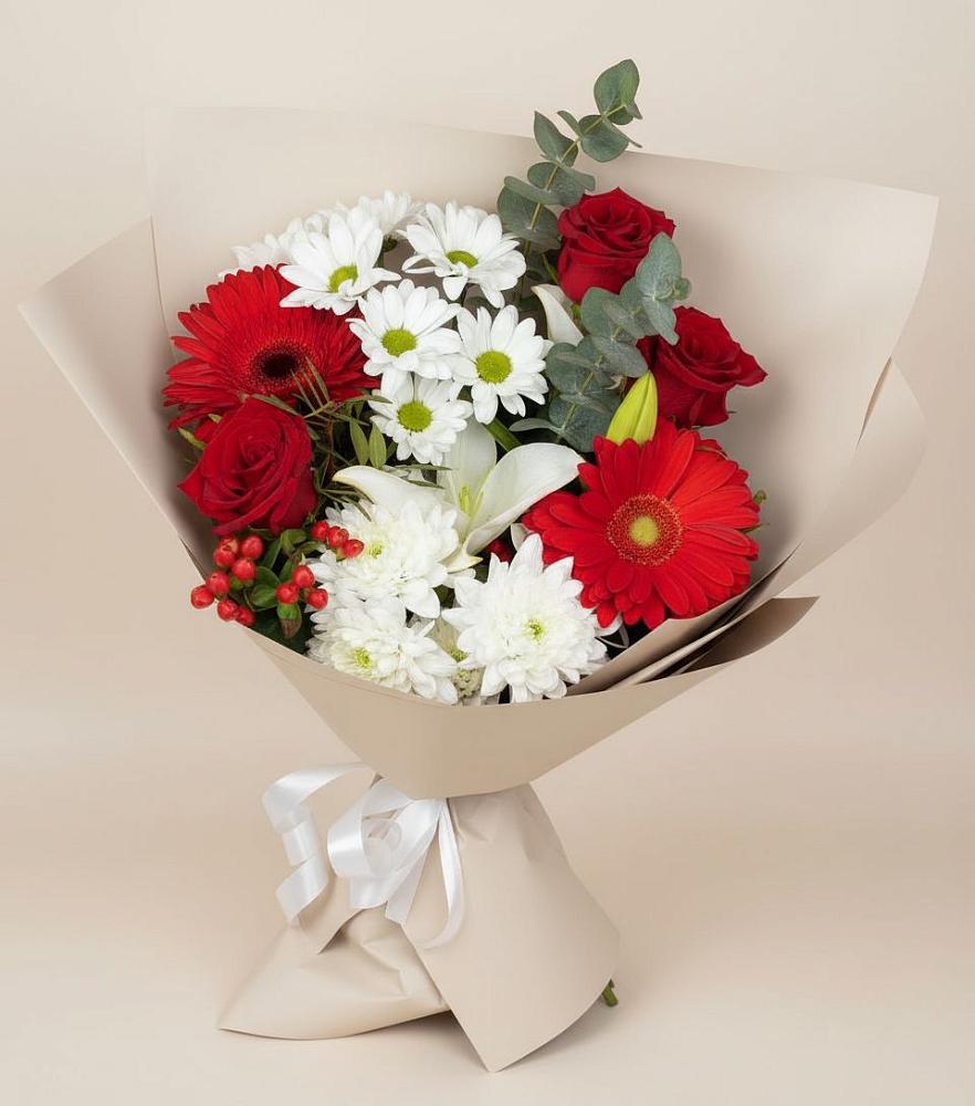 Букет цветов из: Розы, Хризантемы, Герберы и Лилии в Поселок совхоза Раменский